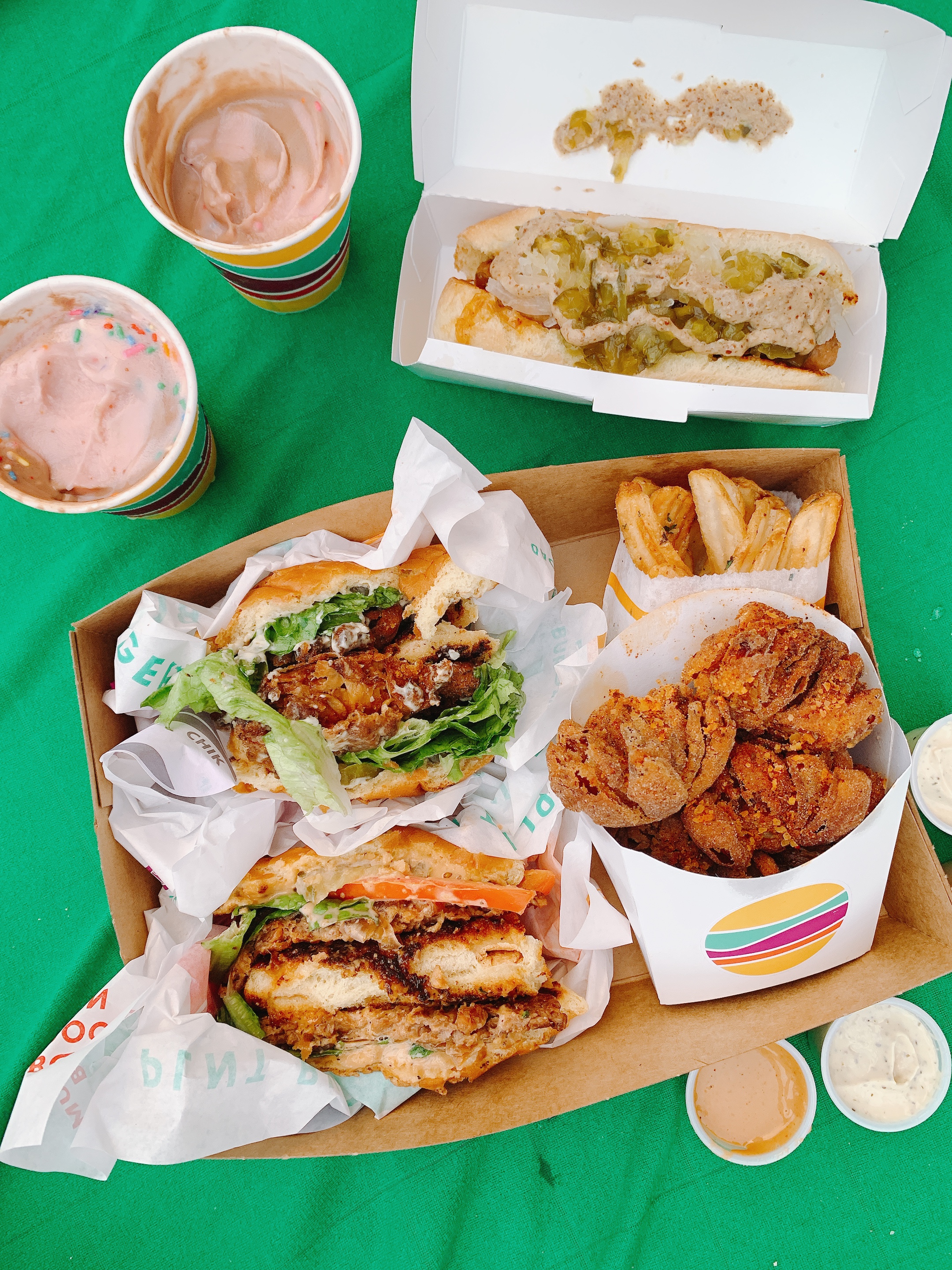 vegan sandwiches, bloomin onions, fries, vegan sausage, oat milk soft serve